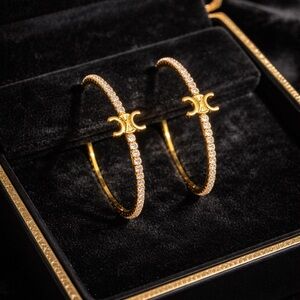Luxury 18K Gold & Rhinestone Celine Triomphe Hoop Earrings